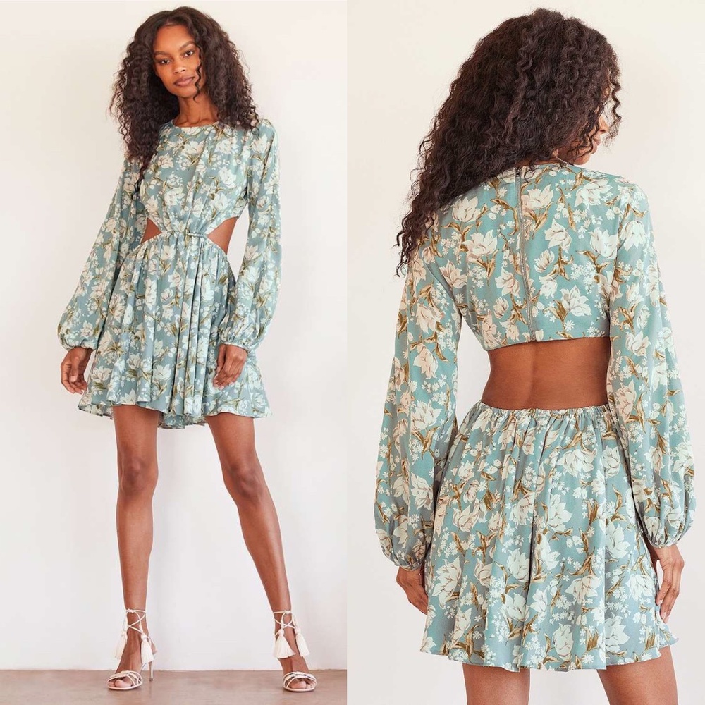 Lulus First Blooms Dusty Blue Floral Print Long Sleeve Cutout Dress